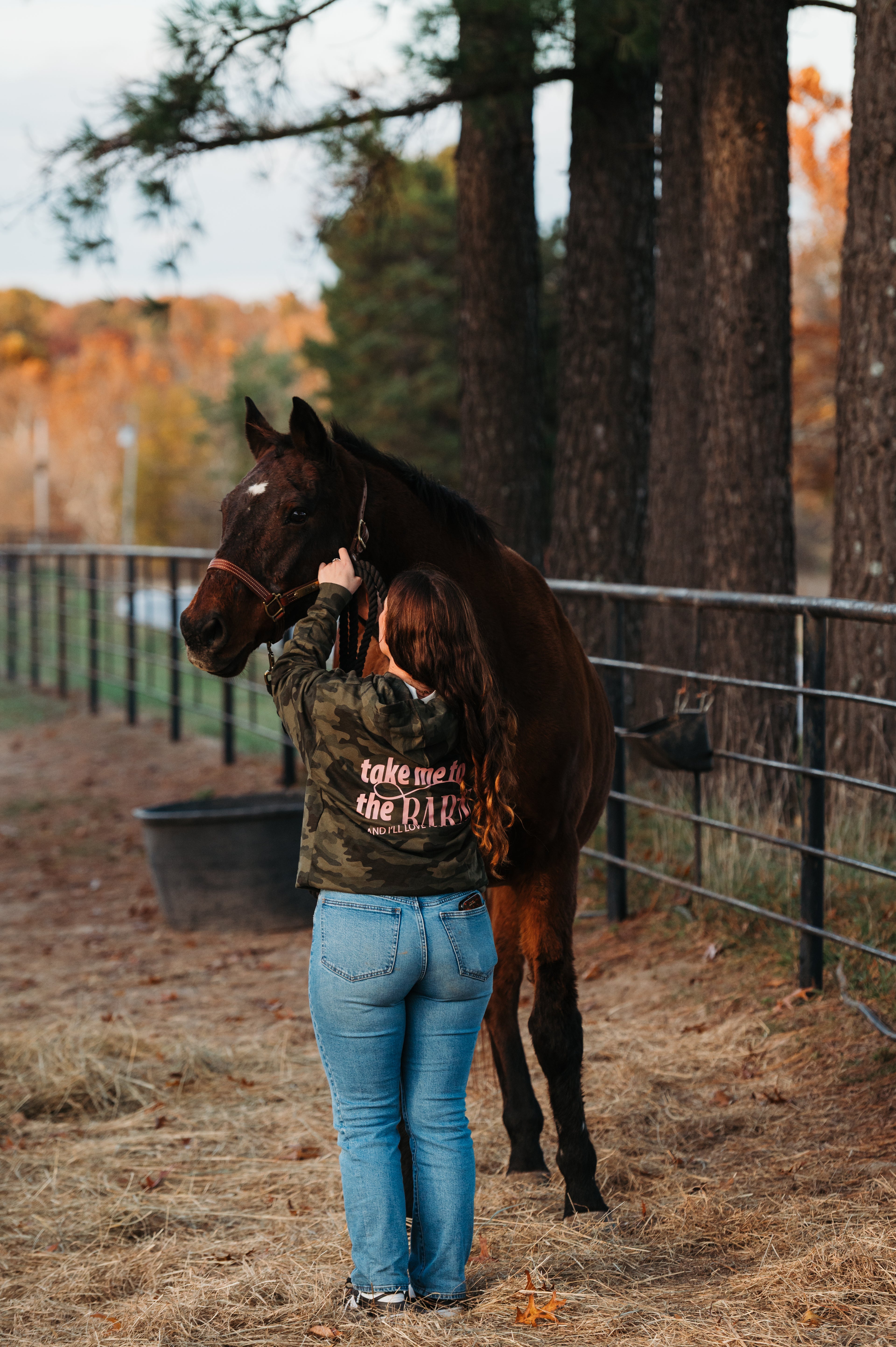 Hoodie - Take Me To The Barn - Green Camo (Light Pink Graphic)