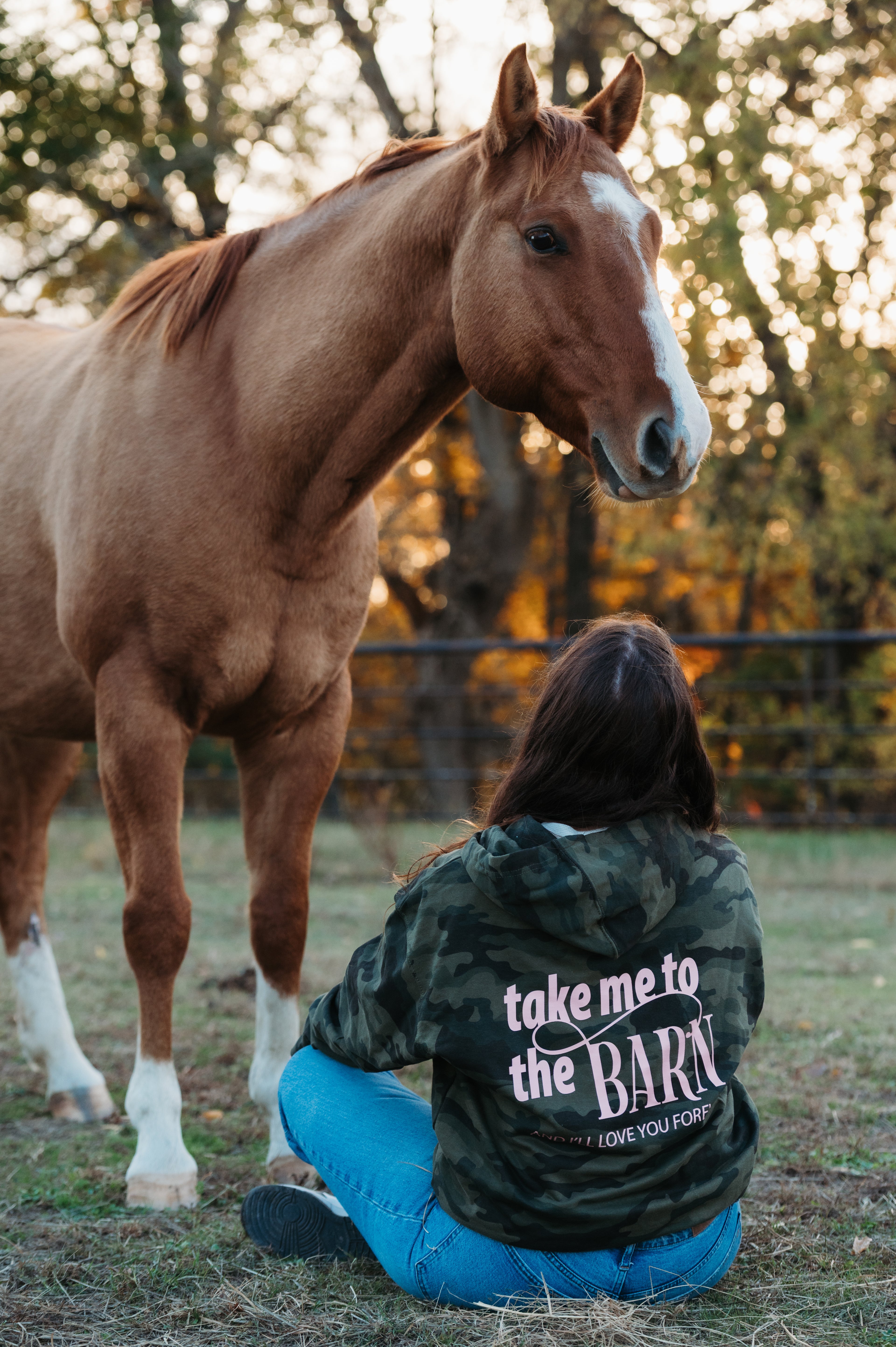 Hoodie - Take Me To The Barn - Green Camo (Light Pink Graphic)